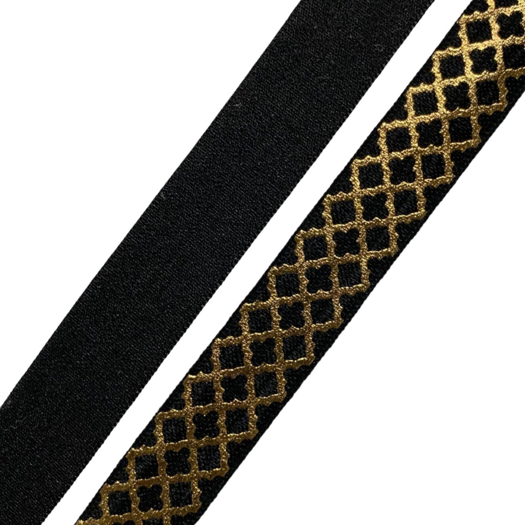 Fold-Over Elastic - Black Satin/Matte Gold Quatrefoil Print (By the Yard)