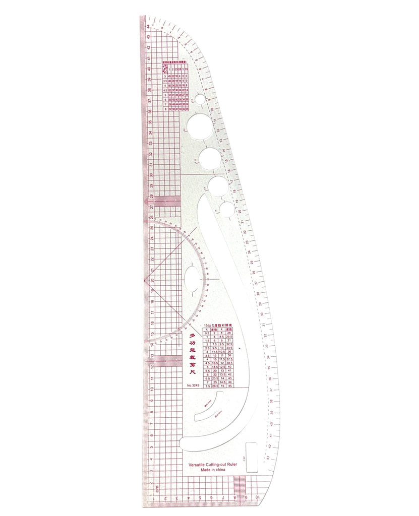 A clear plastic drafting and measuring ruler with red printed markings, grid lines, and geometric guides, shown vertically on a plain white background.