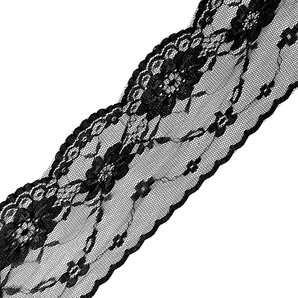 3.5" Floral Lace Trim - Black (By the Yard/Roll)