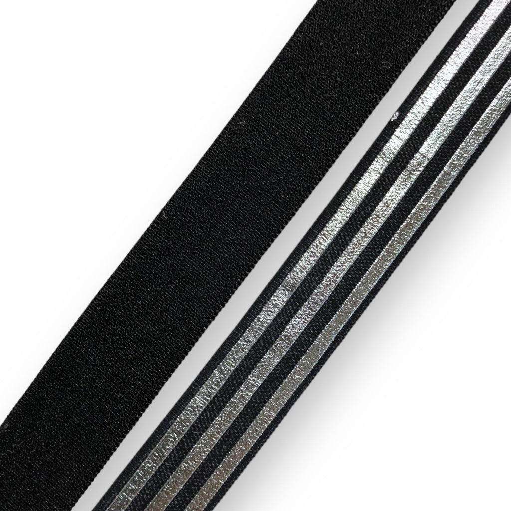 Fold-Over Elastic - Black Satin/Matte Silver Stripe Print (By the Yard)
